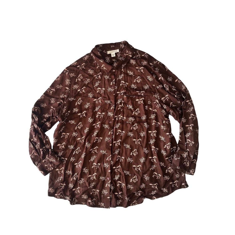 Coldwater Creek Brown Horse Print Rayon Button Front Blouse Shirt 2X Equestrian